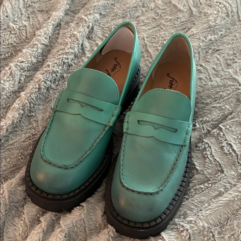 Free People Teal Leather Penny Loafers
